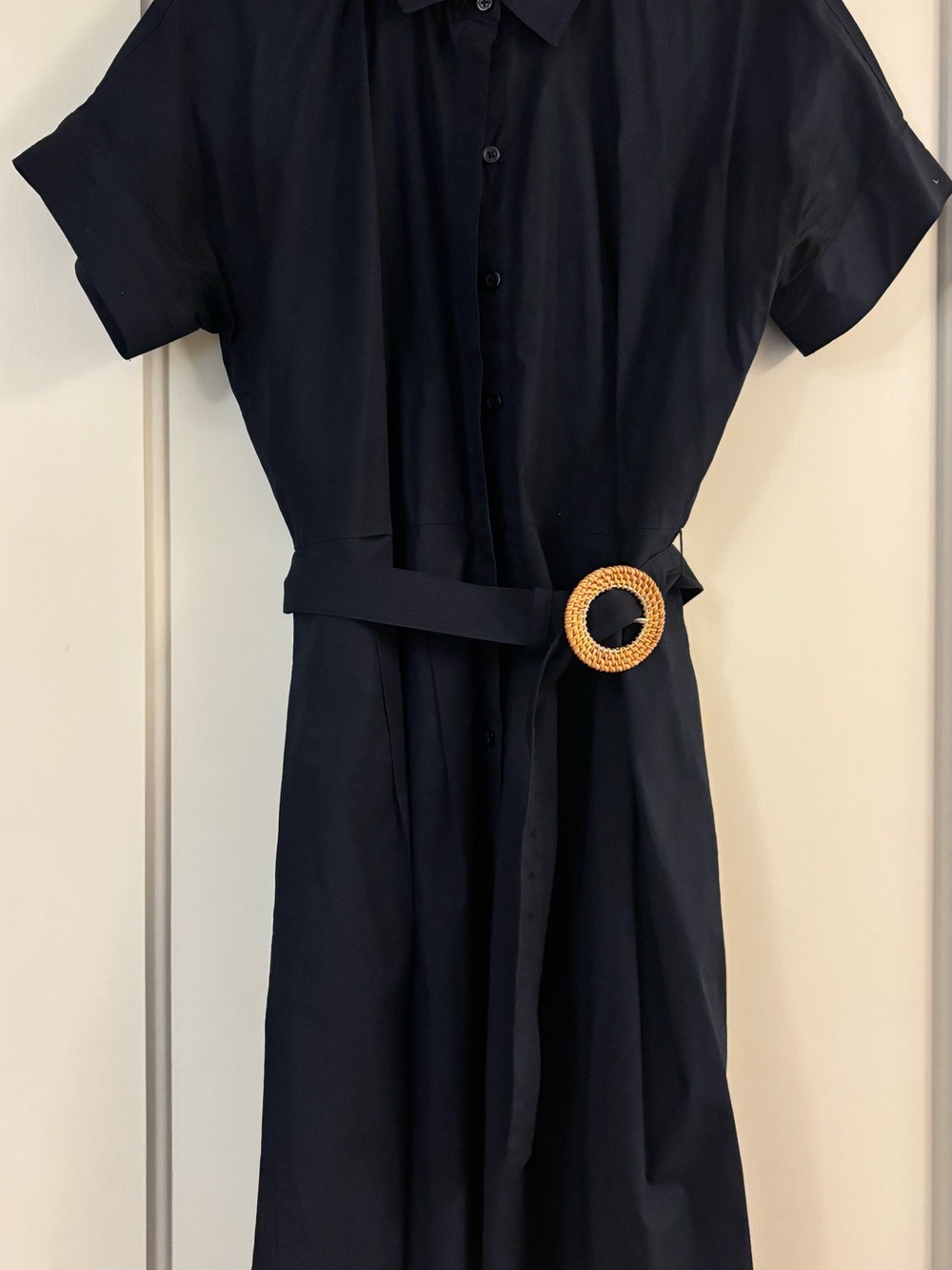 Talbots 10P petite Navy cotton Midi Shirt Dress with Woven Ring Belt